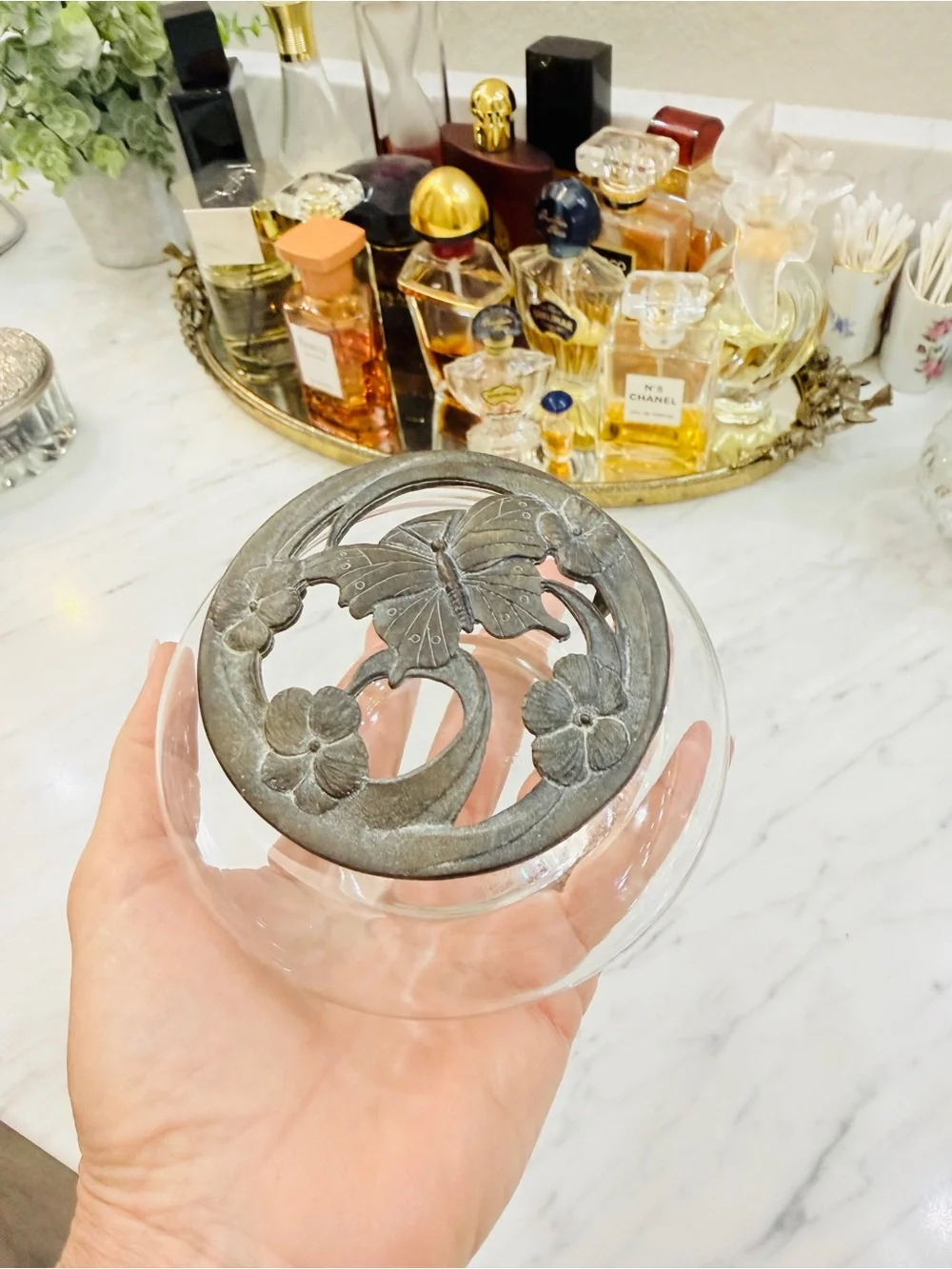 Vintage Clear Glass Trinket / Potpourri Jar w/ Ornate Bronze Butterfly Lid